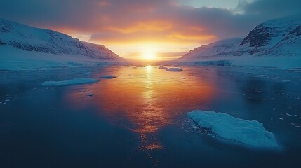 Aerial view captures the serene glacier lagoon at sunrise, its icy waters reflecting the early morning light.