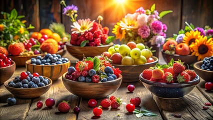 A Vibrant Array of Fresh Fruits in Wooden Bowls, Bathed in the Warm Glow of a Setting Sun