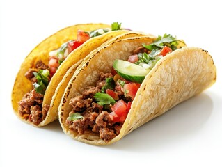 Two Soft Tacos Filled with Ground Beef, Tomatoes, Cucumber, and Cilantro