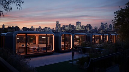 Obraz premium Rows of glass office pods create a serene workspace environment atop a rooftop garden, overlooking a dynamic city skyline during dusk, blending tranquility with urban energy