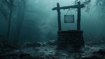 Naklejka premium An Eerie Stone Well in a Foggy Forest with a Blank Sign