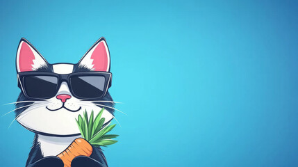 Obraz premium Cool cat wearing sunglasses peeking around the corner, holding a carrot.