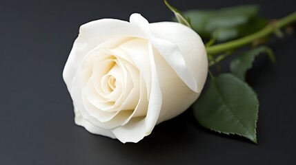 Fototapeta premium Close-up of a single white rose on a black background, symbolizing mourning and remembrance, slightly wilted to emphasize the somber theme