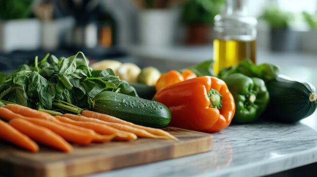 A beautifully arranged kitchen countertop featuring a variety of low FODMAP vegetables, including bell peppers, zucchini, carrots, and spinach