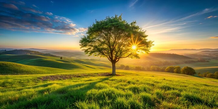 A solitary tree stands tall on a grassy hillside, its silhouette framed against the vibrant hues of a captivating sunset, casting long shadows across the rolling landscape.