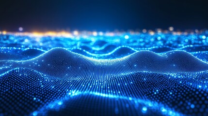 Abstract Blue Glowing Particle Wave Landscape