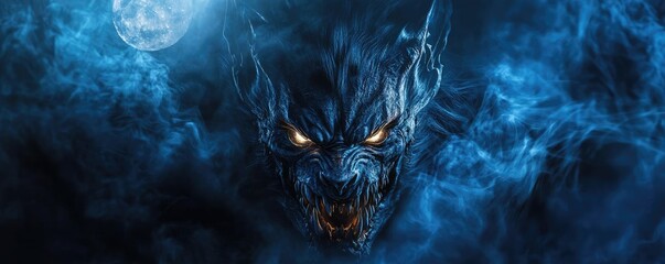 A mystical creature emerges from dark shadows, illuminated by moonlight, embodying fear and intensity in a supernatural setting.