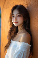 Fototapeta premium A stunning portrait captures a girl in a white offshoulder outfit, embodying Korean fashion with a radiant smile.