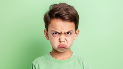 An unhappy teenage boy shows clear displeasure, frowning at something unpleasant, with a vivid green backdrop.