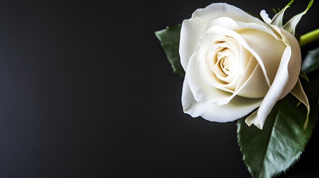Close-up of a single white rose on a black background, symbolizing mourning and remembrance, slightly wilted to emphasize the somber theme