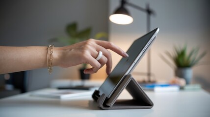 Obraz premium Hand interacting with tablet on desk, modern workspace with lamp and plants.