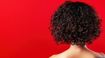 Curly hair flows beautifully against a striking red backdrop, creating a bold and artistic visual contrast.
