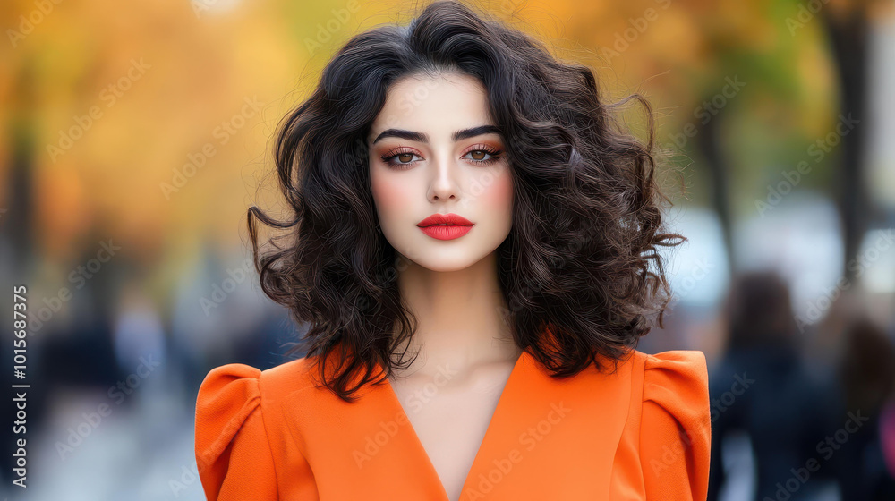 Poster a graceful woman in a stunning orange dress, her natural hairstyle complements the defocused backdro