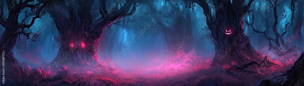 Poster A mystical forest with glowing trees and ethereal light, creating an enchanting atmosphere perfect for fantasy themes.