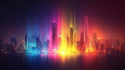 Fototapeta premium A futuristic cityscape with vibrant neon lights illuminating the skyscrapers and reflecting in the water, creating a vibrant and dynamic scene.