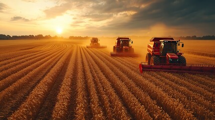 Fototapeta premium Aerial view of agricultural machines harvesting cereal crops on a large farm, demonstrating rural life.