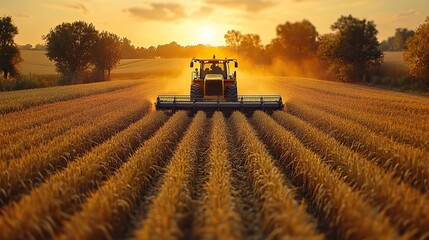 Obraz premium Aerial view of agricultural machines harvesting cereal crops on a large farm, demonstrating rural life.