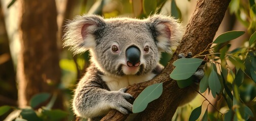 Fototapeta premium Koala perched on a tree branch in its natural habitat with green leaves.