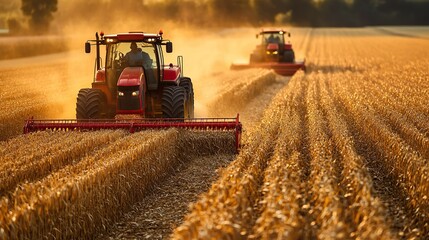 Fototapeta premium Aerial view of farming machinery harvesting crops in a rural agricultural setting.