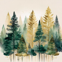 watercolor green and gold pine tree landscape