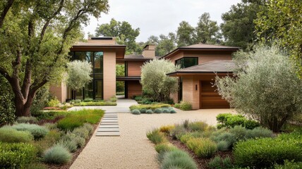 Modern architectural house surrounded by lush greenery and landscaped garden.