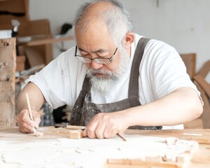 Elderly Artisan Engaged in Intricate Woodworking in Workshop