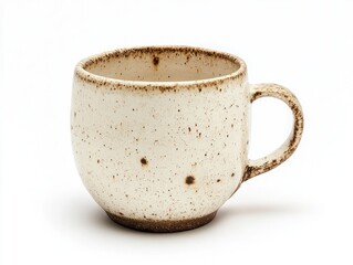 A handmade ceramic mug, isolated on a plain white background, focus on its unique, imperfect details
