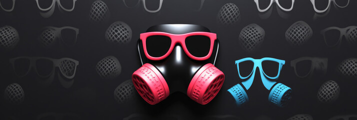 A black gas mask with pink sunglasses and a blue gas mask with blue sunglasses on a dark background.