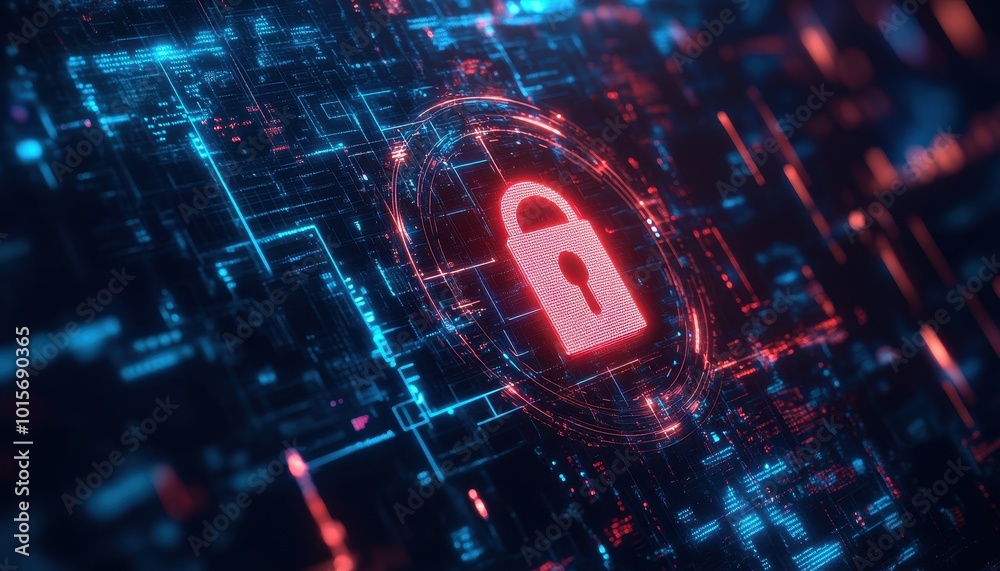 Poster red glowing padlock icon surrounded by a circle of blue and red light on a dark abstract digital bac
