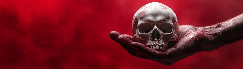 Fototapeta premium Human skull in hand on red background, created with Generative AI technology.