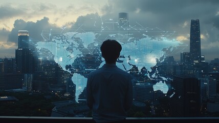 Person gazing at a digital world map against a city skyline background.