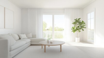 Fototapeta premium A living room with a white couch, a coffee table, and a potted plant