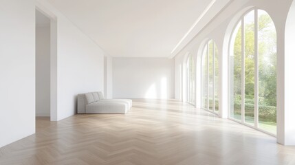 Obraz premium A large, empty room with white walls and hardwood floors
