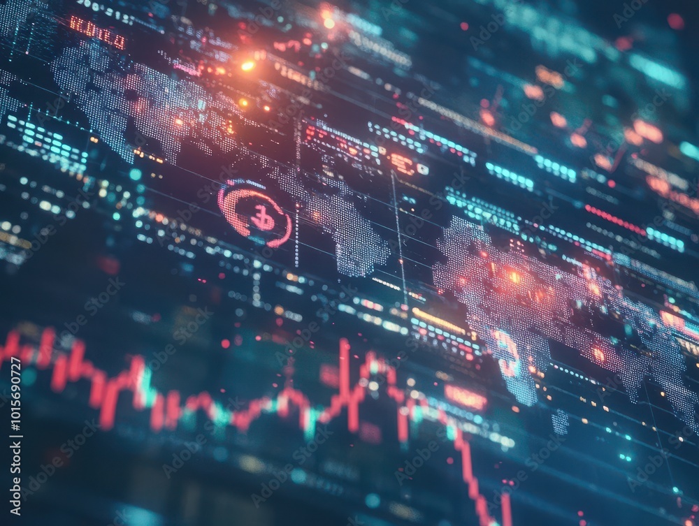 Poster Digital World Map with Financial Data and Charts