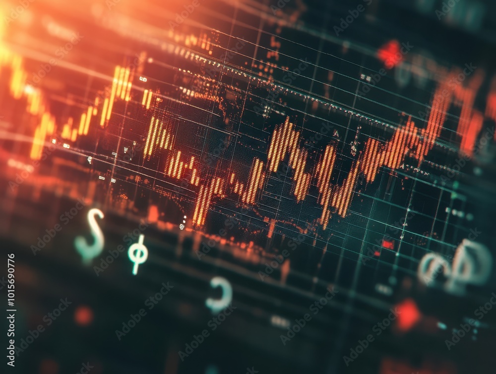 Poster digital stock market graph with red and orange data points