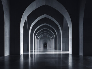 Obraz premium a black and white photo of a long hallway with arched doorways. The lighting creates a dramatic effect.