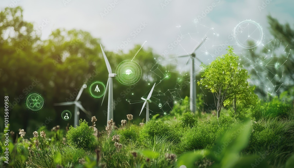 Poster wind turbines in a green forest with digital network overlay