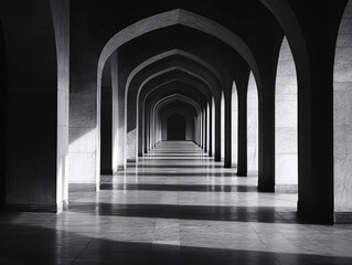 Obraz premium a black and white photo of a long hallway with arched doorways. The lighting creates a dramatic effect.