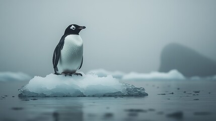 Obraz premium A penguin perches atop a small melting ice sheet, its isolation reflecting the effects of climate change and environmental destruction in the Arctic.