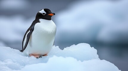 Fototapeta premium A penguin perches atop a small melting ice sheet, its isolation reflecting the effects of climate change and environmental destruction in the Arctic.