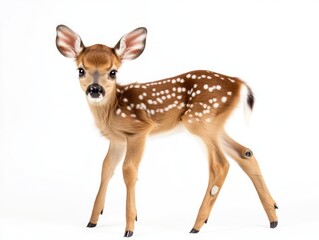 Obraz premium A newborn fawn, isolated on a plain white background, focus on its delicate legs and soft fur