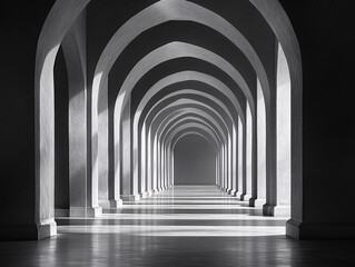 Obraz premium a black and white photo of a long hallway with arched doorways. The lighting creates a dramatic effect.