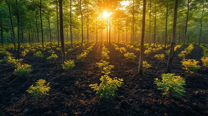 Obraz premium A photo illustration of afforestation efforts, with diverse tree species being planted on barren land to combat climate change and habitat loss.