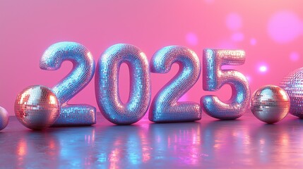 3D text "2025" glossy with a holographic pink and blue gradient background, a disco ball on the floor