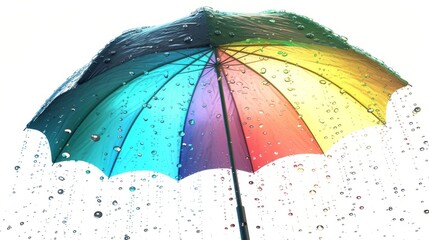 View from beneath a colorful rainbow umbrella, covered in raindrops. The fresh rain droplets and bright colors evoke feelings of protection and freshness, ideal for weather-related designs.