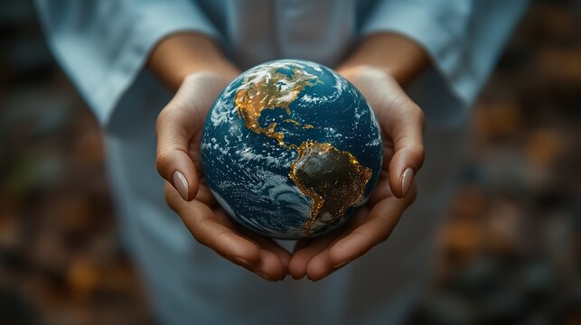 A physician holds the planet Earth in their hands, symbolizing the responsibility of humanity to protect and care for the environment.