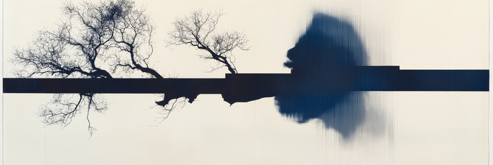 Abstract blue and white art with black silhouettes of trees and a horizontal black line.