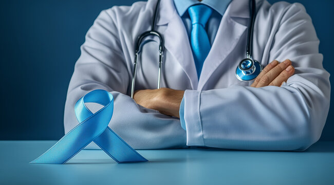 A doctor in a gown with a blue ribbon on the table, created with Generative AI technology.