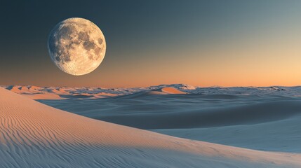 Obraz premium A large, full moon hangs over a vast, white sand desert at sunset.