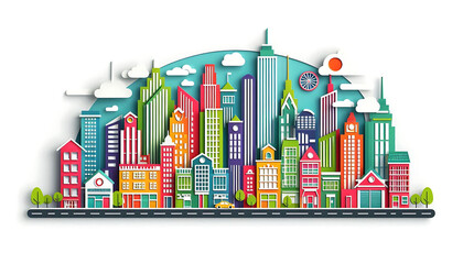 Fototapeta premium Colorful Cityscape with Tall Buildings and Green Trees